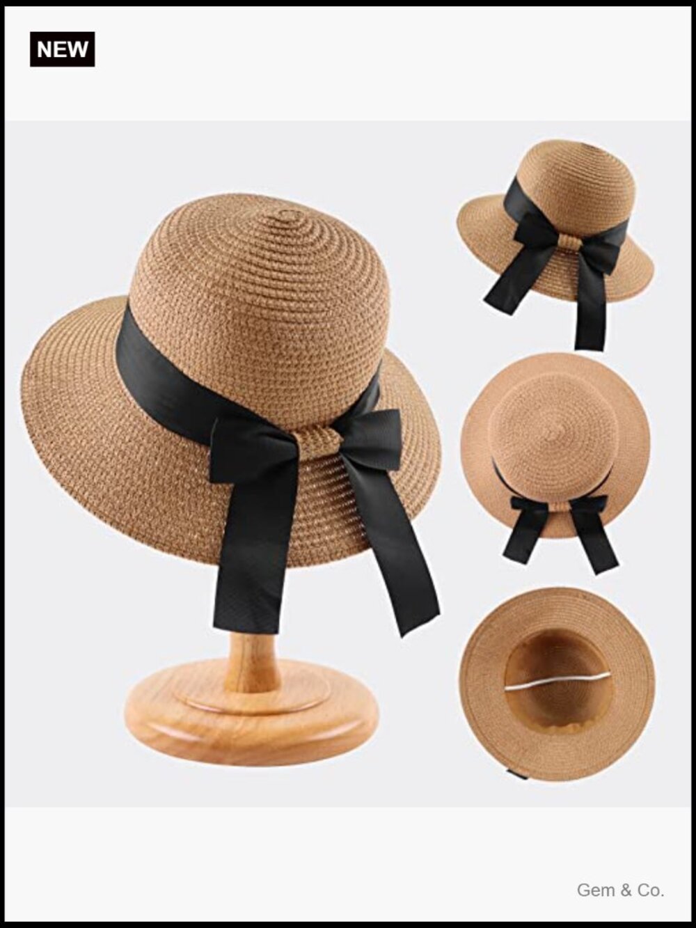 Wide Brim Straw Sun Hat Foldable Floppy with Bowknot and Chin Strap - Picture 2 of 7
